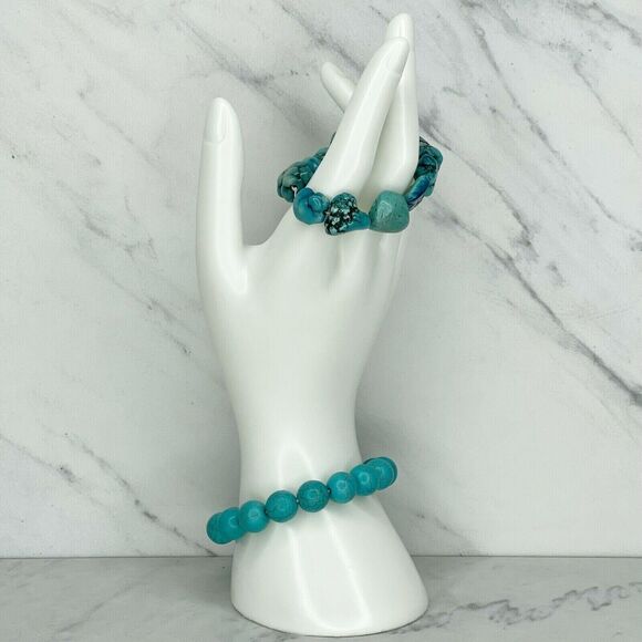 Faux Turquoise Beaded Stretch Bracelet Lot of 2 - Picture 1 of 11